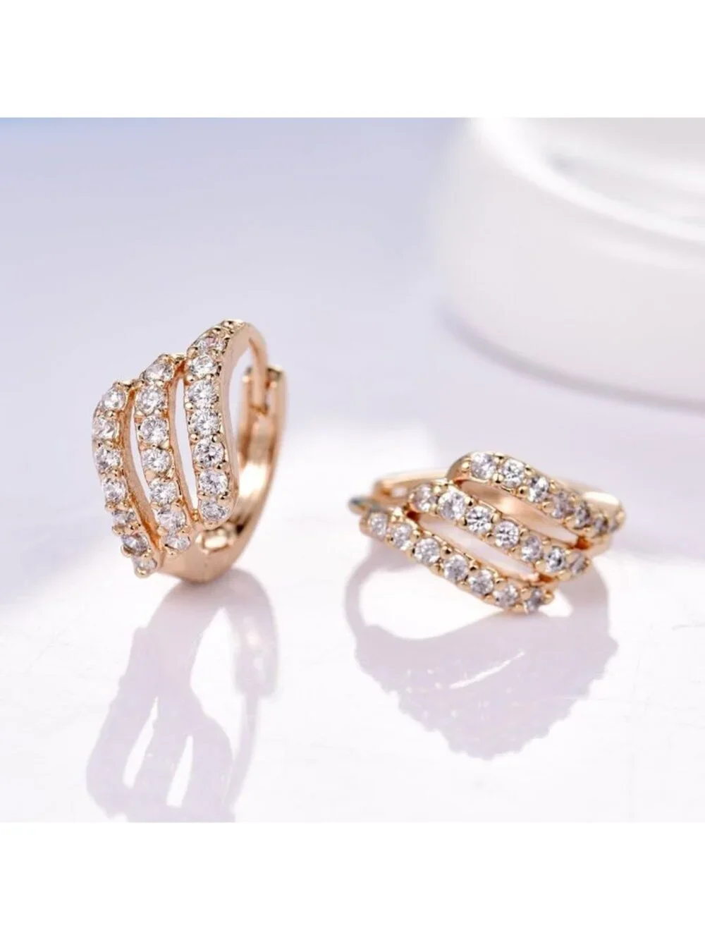 Stunning Gold Tone Three Layer White Rhinestone Hoop Earrings for Parties